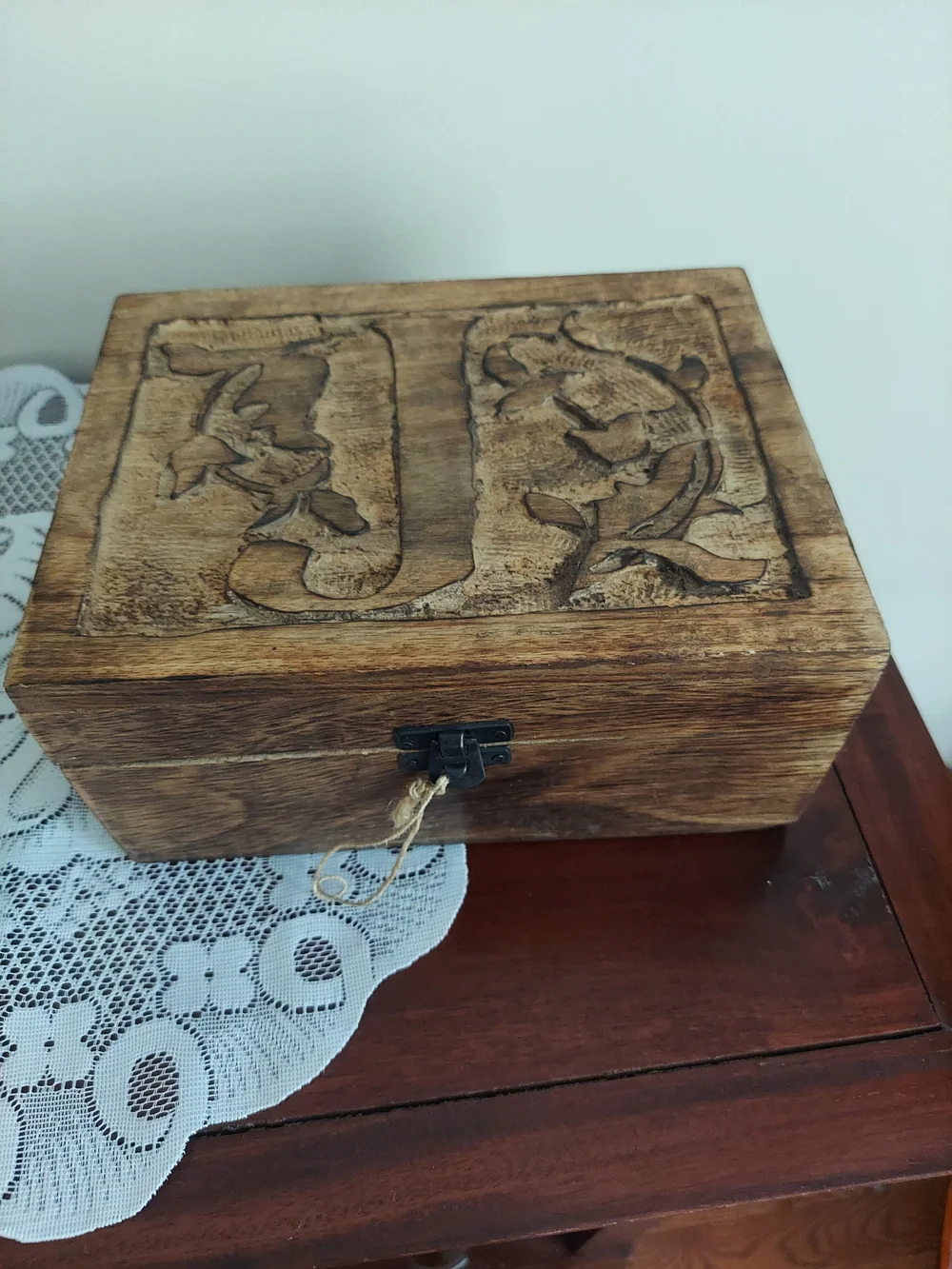 Rado Brown Letter J Carved Floral Wooden Keepsake Box
